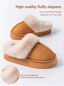 2双/套 女士毛绒拖鞋，厚底保暖室内家居拖鞋，2025冬季新款 - 棕色 - 查看 6