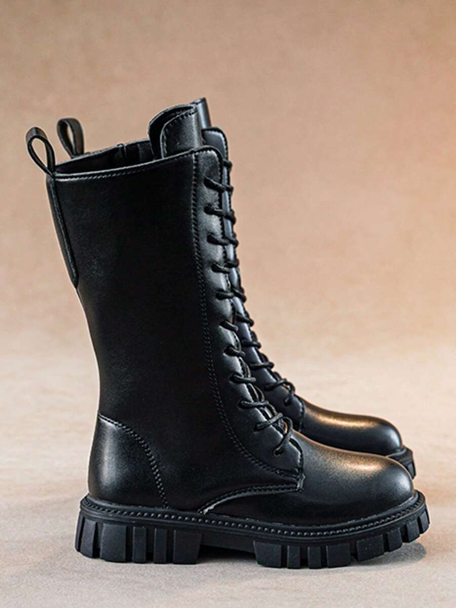 1 Pair White Classic Lace-Up Tall Boots For Toddler Girls, Soft & Comfortable PU Material, Round Toe Thick Sole, Fashion Princess Leather Boots Suitable For 3-15 Years Old Girls, Daily Casual Outdoor Wear, Autumn/Winter New