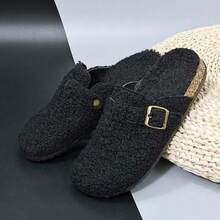 Dép xỏ ngón nữ có khóa cài, giày lười mũi tròn chất liệu giả da cừu, giày đi trong nhà mùa thu/đông - màu đen - Xem 1