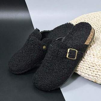 Damtofflor med spänne, slip-on-skor med rund tå i konstskinn, inomhusskor för höst/vinter