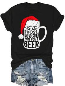 Esta es la época talla grande maravillosa para beber cerveza Camiseta para mujer Unisex Verano Casual Transpirable Personalidad Cuello redondo Manga corta Camiseta Ropa de calle Versátil, Adecuado para adolescentes y adultos - Negro - Ver 1