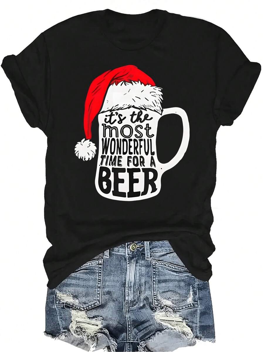 Esta es la época talla grande maravillosa para beber cerveza Camiseta para mujer Unisex Verano Casual Transpirable Personalidad Cuello redondo Manga corta Camiseta Ropa de calle Versátil, Adecuado para adolescentes y adultos - Negro - Ver 1