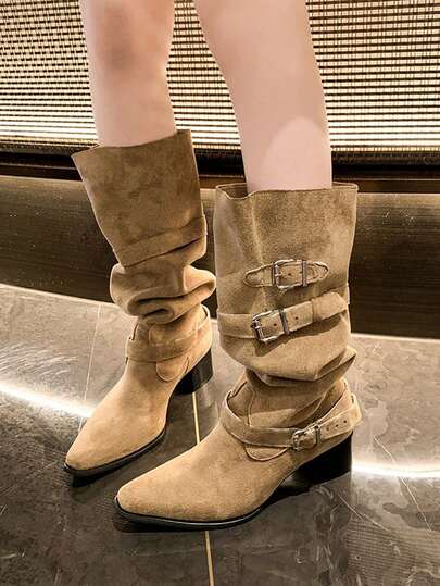 Women's Western Boots, New Fall/Winter 2025, Pointed Toe Chunky Heel Pull-On Wide Shaft Western Boots, Ruched Tall Boots Not Over The Knee,Cowboy Boots