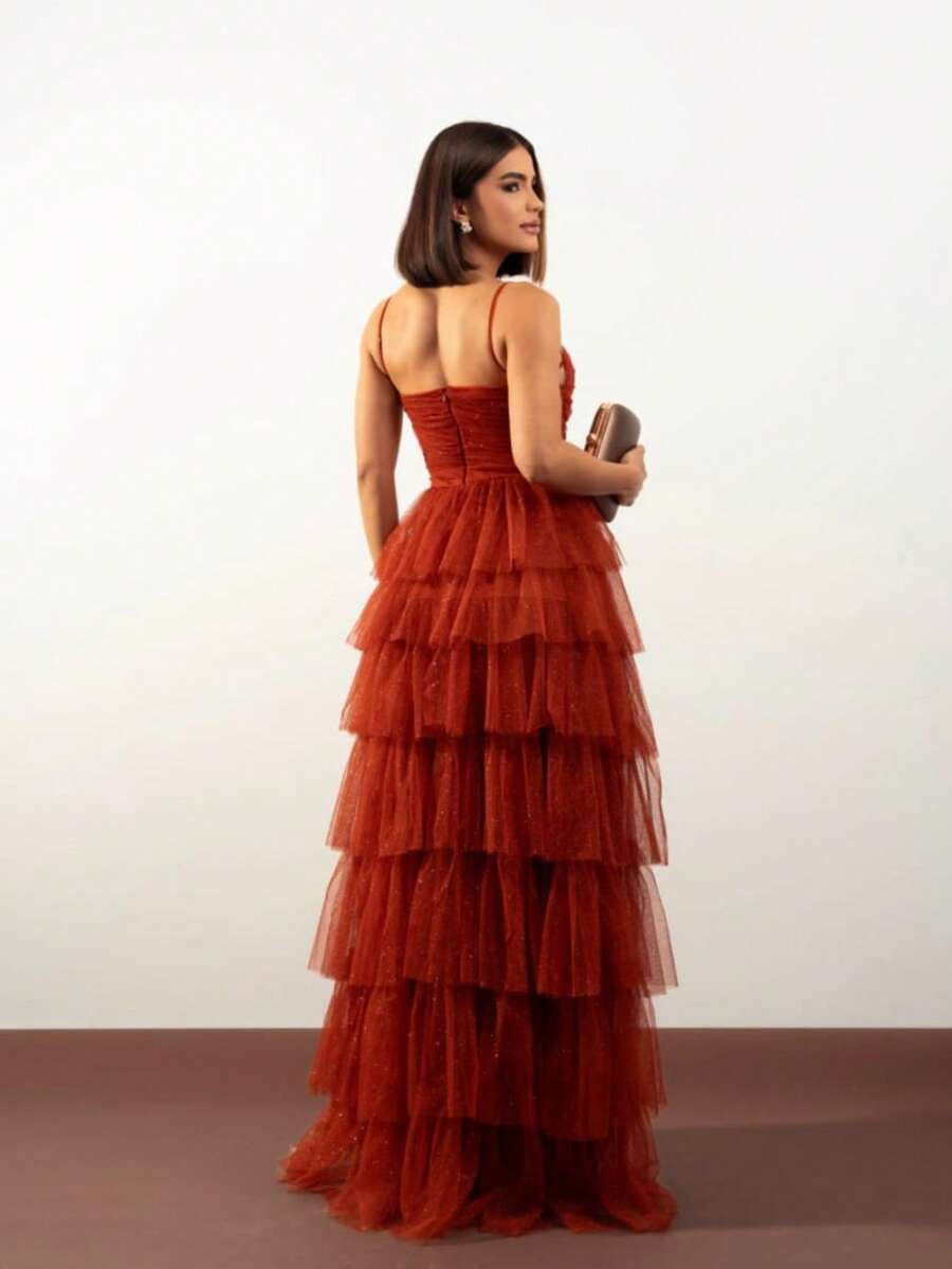 Tiered Prom Dress For Graduation And Bridesmaids. Elegant Conservative/Modest Sexy Casual Shiny Zipper Appliques Wedding Party Birthday Party Anniversary Party Graduation Party - 亮橙色 - 查看 1