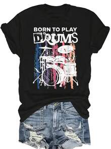 Camiseta de mujer y unisex "Nacido para tocar la batería", de manga corta, cuello redondo, transpirable y de estilo casual, adecuada para adolescentes y adultos, con diseño de música rock de banda de baterista - Negro - Ver 1