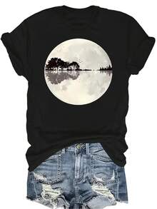 Camiseta con diseño de guitarra a la luz de la luna para mujer y unisex, de verano, casual, transpirable, de cuello redondo, de manga corta, de uso versátil, adecuada para adolescentes y adultos - Negro - Ver 1