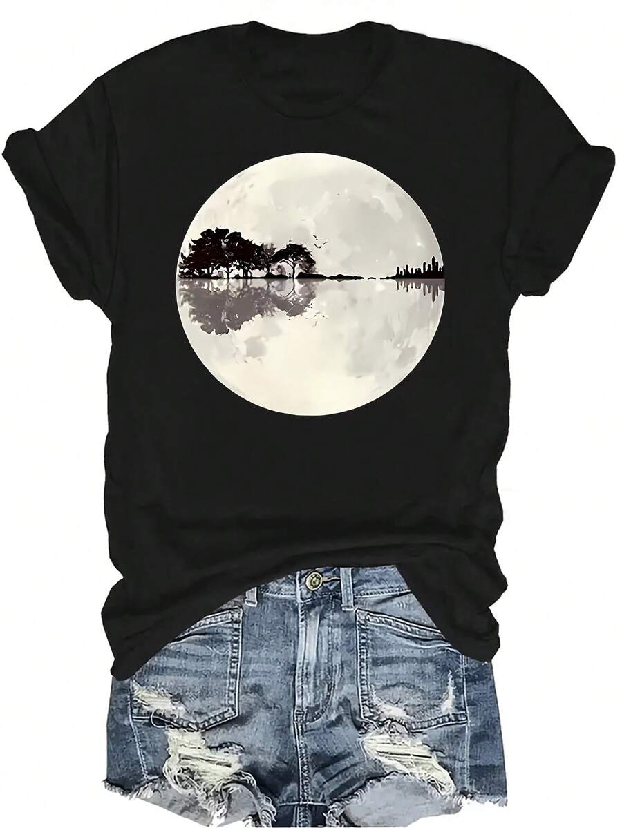 Camiseta con diseño de guitarra a la luz de la luna para mujer y unisex, de verano, casual, transpirable, de cuello redondo, de manga corta, de uso versátil, adecuada para adolescentes y adultos - Negro - Ver 1