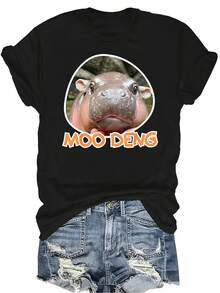 Camiseta con diseño del famoso y lindo hipopótamo pigmeo bebé, para mujer y unisex, de verano, casual, transpirable, de cuello redondo, de manga corta, ropa de calle versátil, adecuada para adolescentes y adultos - Negro - Ver 1