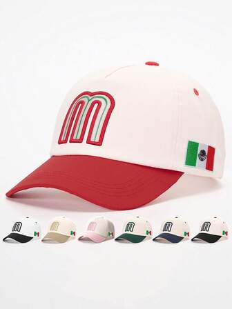 1 pieza Gorra de béisbol con bordado de letra M y bandera mexicana para hombres, sombrero casual de moda callejera para primavera, otoño, viajes, playa