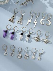 1/8/9 pares de pendientes de aleación con baño de plata, de colores múltiples, con diseños de estrellas, lunas y astronautas - Plateado - Ver 9
