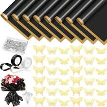 118Pcs Flower Bouquet Wrapping Paper Kits, 30 Sheets White Waterproof Floral Wrapping Paper 2 Rolls Ribbon 36 Gold Butterfly 50 Flower Pins For Wedding Birthday Florist Supplies Packaging - 黑色 - 查看 1