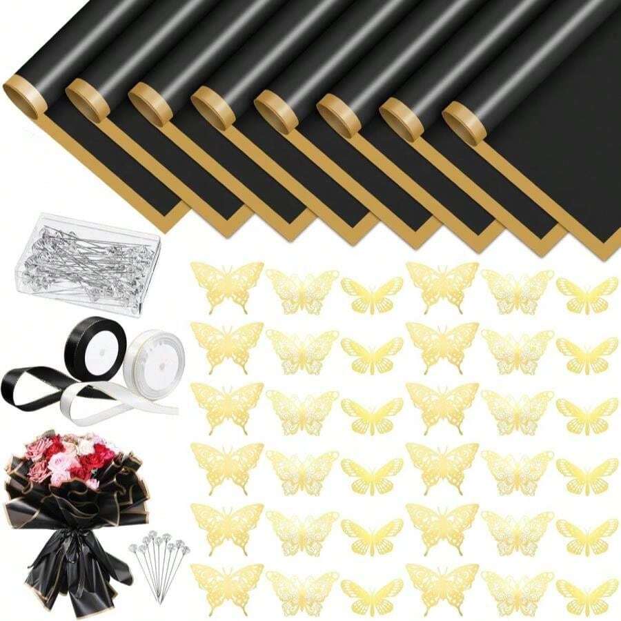 118Pcs Flower Bouquet Wrapping Paper Kits, 30 Sheets White Waterproof Floral Wrapping Paper 2 Rolls Ribbon 36 Gold Butterfly 50 Flower Pins For Wedding Birthday Florist Supplies Packaging - 黑色 - 查看 1
