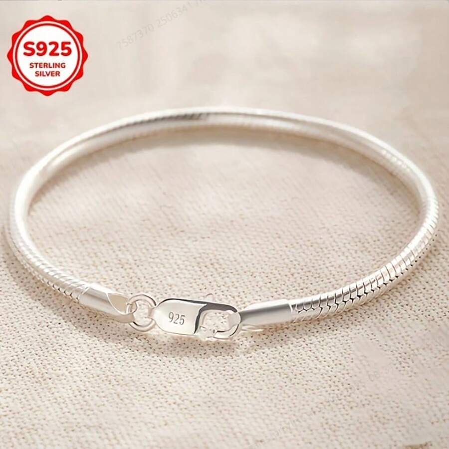 Vòng tay xương rắn bạc Sterling 925, phong cách tối giản, phù hợp cho nam và nữ, đeo hàng ngày và dự tiệc, quà tặng ngày lễ tình nhân, trang sức cho mọi mùa - Bạc - Xem 1