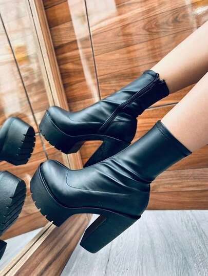 Botines casuales de mujer botas ajustables de licra para dama calzado casual botasde plataforma con tacón suela antideslizante acojinadas botas para elegantes botines negros  fiestas lluvia frio festivales trabajo escuela  botines cortos casuales  botas womens boots shoes minas del rey  Cowboy    Cremallera lateral    Vacaciones
