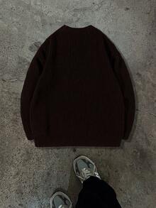 轻盈休闲针织毛衣，简约设计，宽松圆领套头衫，男女皆宜，适合秋冬季穿着。 - 棕色 - 查看 5