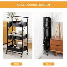 3 Tier Foldable Rolling Cart With Wheels Folding Utility Cart Organizer Collapsible Rolling Storage Cart With 3 Hanging Cups 6 Hooks For Kitchen Office Nursery Black - 黑色 - 查看 4
