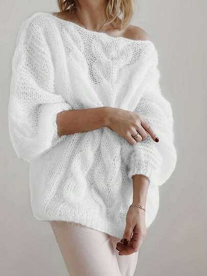 Elegant, ren, söt, minimalistisk avslappnad stickad tröja i plusstorlek, långärmad enfärgad rund halsringning i europeisk stil med kabelstickning i plusstorlek för kvinnor