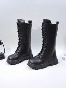 Giày bốt cho bé gái mùa thu/đông, giày bốt cổ cao kiểu mới cho trẻ em, giày bốt cao đến giữa bắp chân kiểu Anh, giày bốt đế dày, giày bốt da công chúa, giày học sinh, giày bốt cao cho bé gái - màu đen - Xem 4