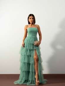 Vestido de festa em camadas para formandas e madrinhas de casamento.  elegante  Conservador / modesto  Sensual  Casual    Brilhante    Zíper  Apliques    Casamento  Festa  Festa de aniversário  Festa de aniversário  Festa de graduação - Verde Menta - Visão 2