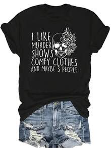 Camiseta "Me gustan los programas de asesinatos" para mujer y unisex, de verano, casual, transpirable, con personalidad, cuello redondo, manga corta, ropa de calle, versátil, adecuada para adolescentes y adultos - Negro - Ver 1