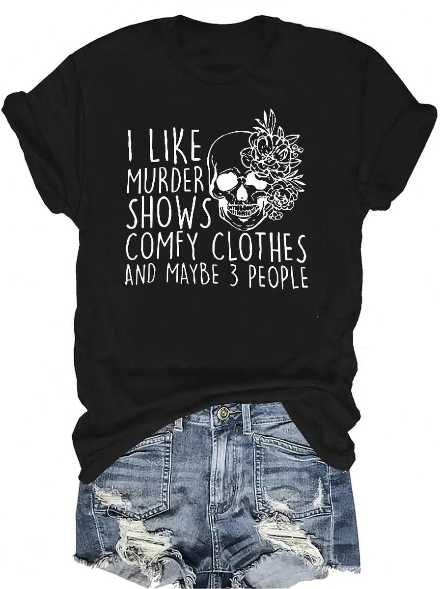 Camiseta "Me gustan los programas de asesinatos" para mujer y unisex, de verano, casual, transpirable, con personalidad, cuello redondo, manga corta, ropa de calle, versátil, adecuada para adolescentes y adultos - Negro - Ver 1