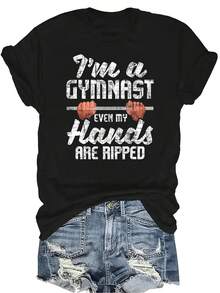 Soy una gimnasta, incluso mis manos están musculosas. Camiseta de gimnasia y aeróbic para mujeres y unisex, de verano, casual, transpirable, con personalidad, cuello redondo, manga corta, ropa de calle, versátil, adecuada para adolescentes y adultos - Negro - Ver 1