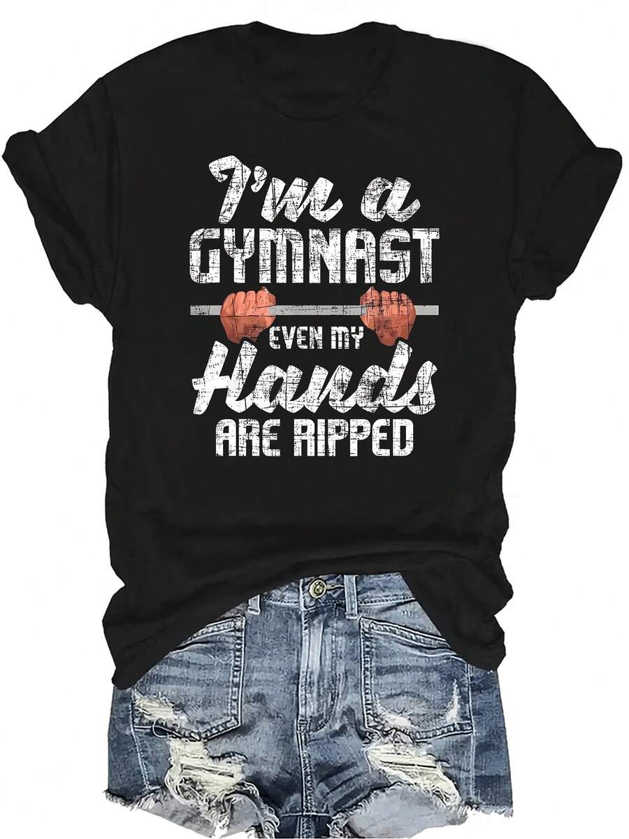 Soy una gimnasta, incluso mis manos están musculosas. Camiseta de gimnasia y aeróbic para mujeres y unisex, de verano, casual, transpirable, con personalidad, cuello redondo, manga corta, ropa de calle, versátil, adecuada para adolescentes y adultos - Negro - Ver 1