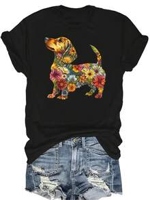 Camiseta con estampado floral de perro salchicha para mujer y unisex, de verano, casual, transpirable y de personalidad, con cuello redondo y manga corta, para uso versátil, adecuada para adolescentes y adultos - Negro - Ver 1