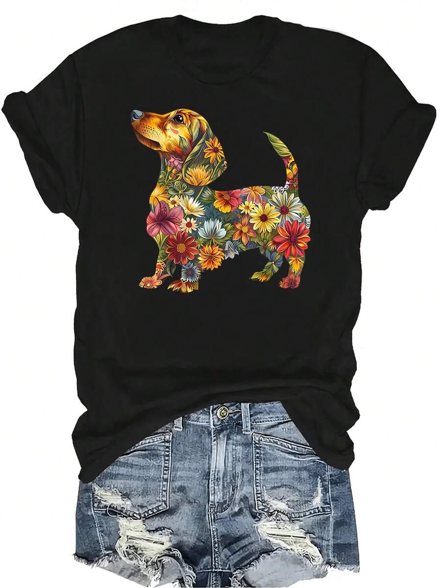 Camiseta con estampado floral de perro salchicha para mujer y unisex, de verano, casual, transpirable y de personalidad, con cuello redondo y manga corta, para uso versátil, adecuada para adolescentes y adultos - Negro - Ver 1