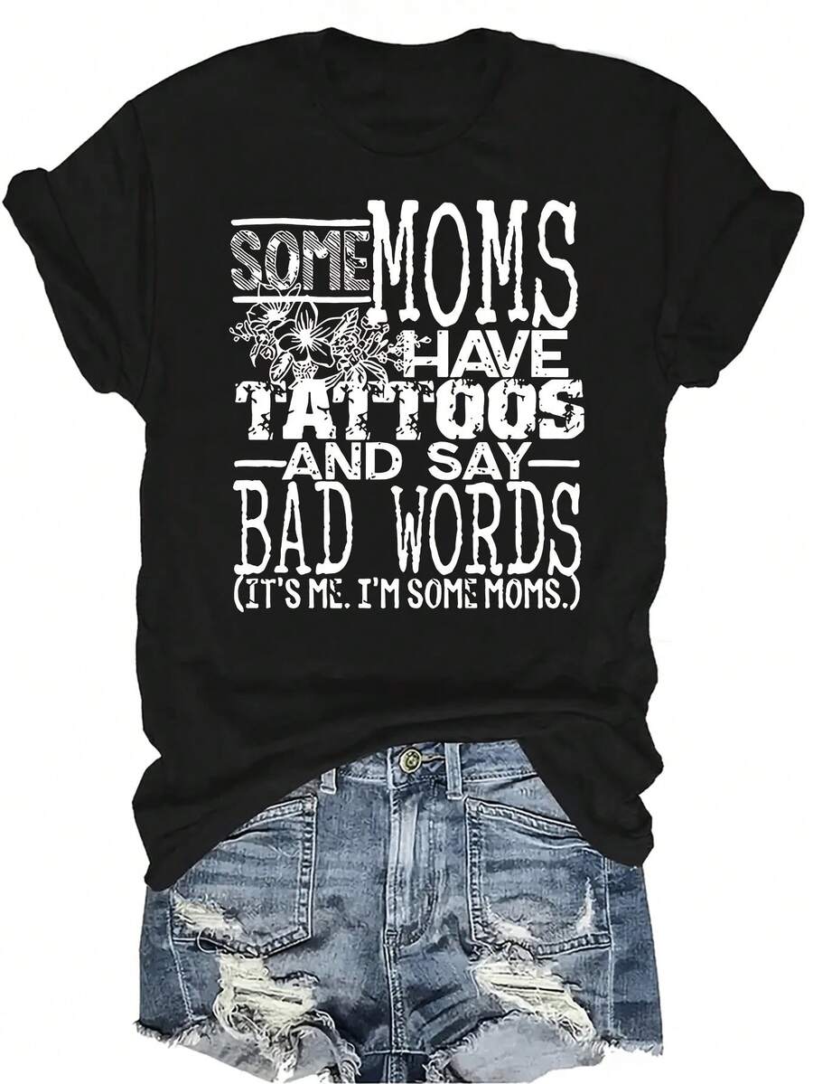 Camiseta MOMS para mujer, unisex, de verano, casual, transpirable, con personalidad, cuello redondo, manga corta, ropa de calle, versátil, adecuada para adolescentes y adultos - Negro - Ver 1