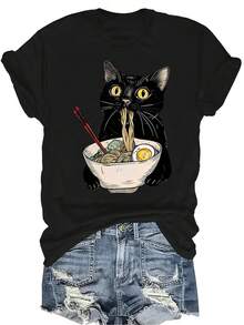 Camiseta de mujer Noodle Cat 2, unisex, de verano, casual, transpirable, de personalidad, de cuello redondo, de manga corta, de uso versátil, adecuada para adolescentes y adultos - Negro - Ver 1