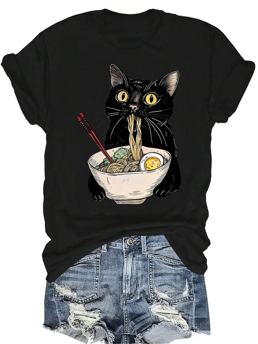 Camiseta de mujer Noodle Cat 2, unisex, de verano, casual, transpirable, de personalidad, de cuello redondo, de manga corta, de uso versátil, adecuada para adolescentes y adultos - Negro - Ver 1
