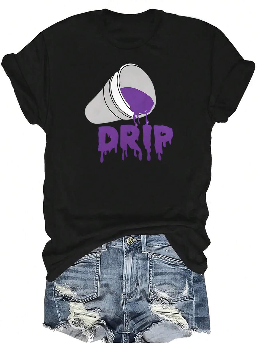 Camiseta de hip hop y rap morada, unisex, de verano, casual, transpirable, con personalidad, de cuello redondo, de manga corta, ropa de calle, versátil, adecuada para adolescentes y adultos - Negro - Ver 1