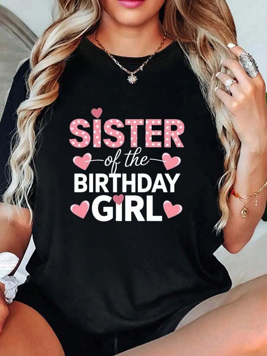 Camisetas de mujer con el cumpleaños de tu hermana. Camiseta cómoda para mujer con estampado gráfico, camiseta de manga corta con cuello redondo. Camisetas gráficas para mujer. Tops de verano. - Negro - Ver 1