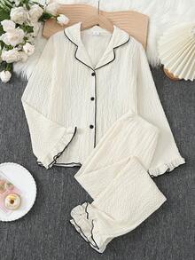 Girls Pink With Black Trim Casual Ruffle Collar 2 Pieces Loungewear Set - Apricot - View 1