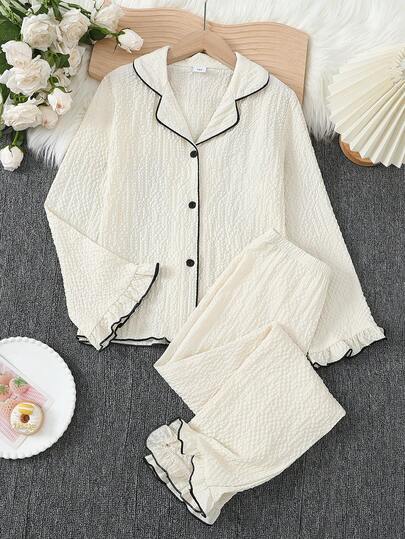 Girls Pink With Black Trim Casual Ruffle Collar 2 Pieces Loungewear Set