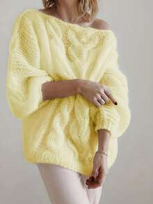 Eleganter, reiner, süßer, minimalistischer Lässig Strickpullover in Große Größen, europäischer Stil Langarm einfarbiger Rundhals Zopfstrick Pullover in Große Größen für Frauen - Gelb - Übersicht 2