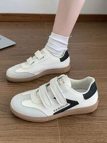 女士新款时尚休闲运动鞋，PU 拼接魔术贴运动鞋低帮系带平底跑步鞋 - 米色 - 查看 2