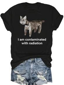 Camiseta de mujer con estampado de meme de gato de cemento divertido "Estoy contaminado", de cuello redondo, manga corta, transpirable, de personalidad, de verano, casual y versátil, adecuada para adolescentes y adultos - Negro - Ver 1