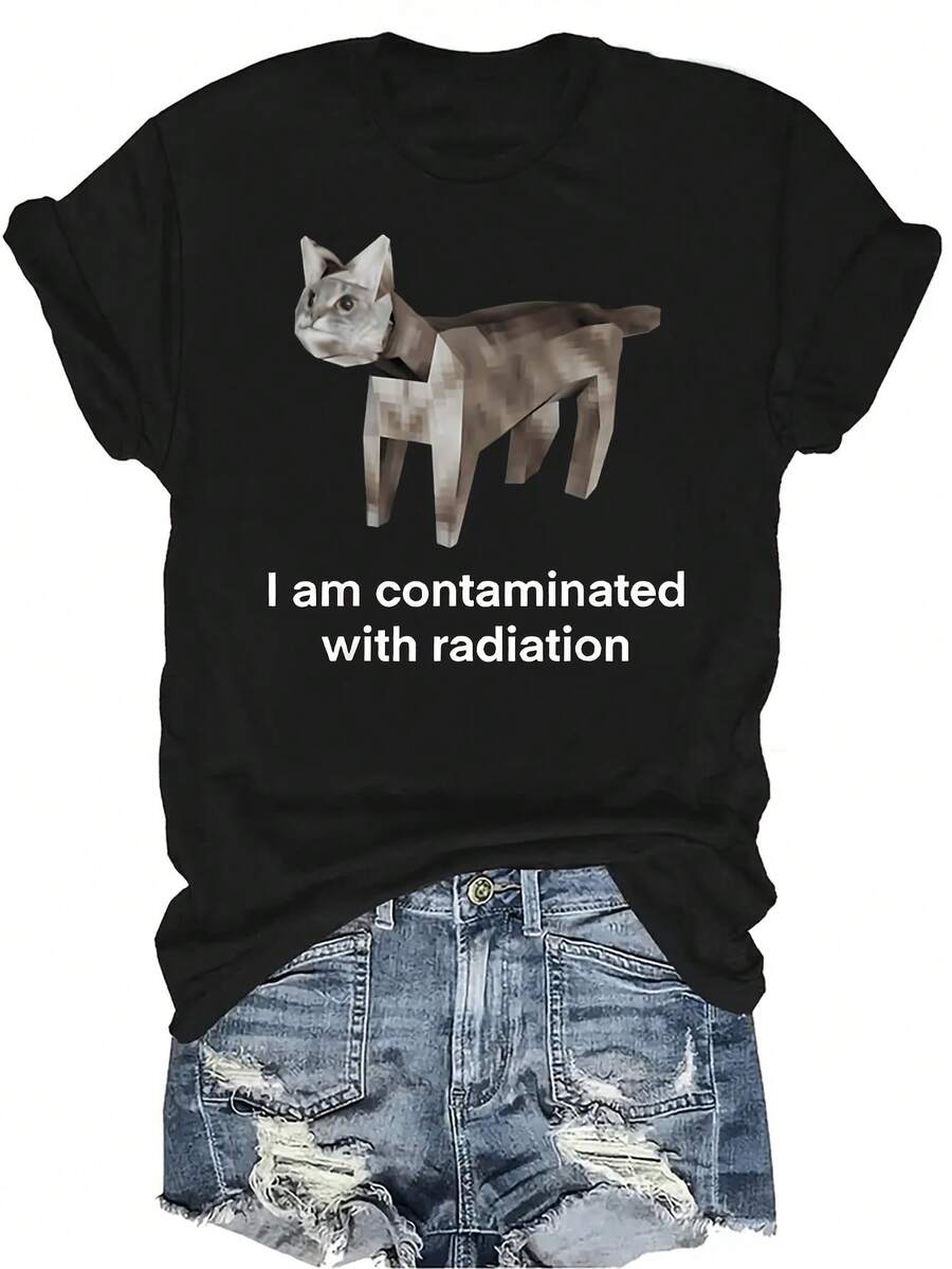 Camiseta de mujer con estampado de meme de gato de cemento divertido "Estoy contaminado", de cuello redondo, manga corta, transpirable, de personalidad, de verano, casual y versátil, adecuada para adolescentes y adultos - Negro - Ver 1