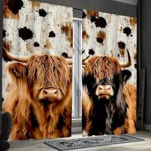 2pcs Western Highlands Cow Milk Print Curtains, Rustic Living Room Thick Black Curtains - Woven, Polyester, Traditional Style, Semi-Sheer, Cordless, Machine Washable, For Bedroom And Living Room - Nhiều màu - Xem 2