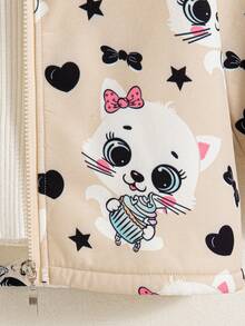 女童休闲户外时尚印花卡通图案常规版型拉链连帽抓绒外套，秋冬季带保暖内衬 - 卡其色 - 查看 7