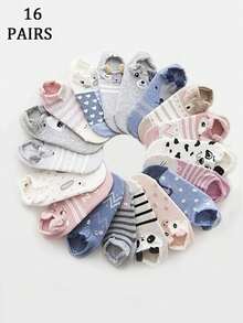 16 đôi (Giao hàng ngẫu nhiên) Tất ngắn cổ thấp họa tiết động vật hoạt hình dễ thương và sáng tạo dành cho nữ, Tất ngắn tai nhồi bông 3D, thoải mái & đa năng, thích hợp để mặc hàng ngày và trang phục du lịch - Nhiều màu - Xem 10