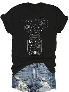 Camiseta con diseño de luna y planeta para mujer y unisex, de verano, casual, transpirable, de cuello redondo, de manga corta, de estilo callejero y versátil, adecuada para adolescentes y adultos - Negro - Ver 1