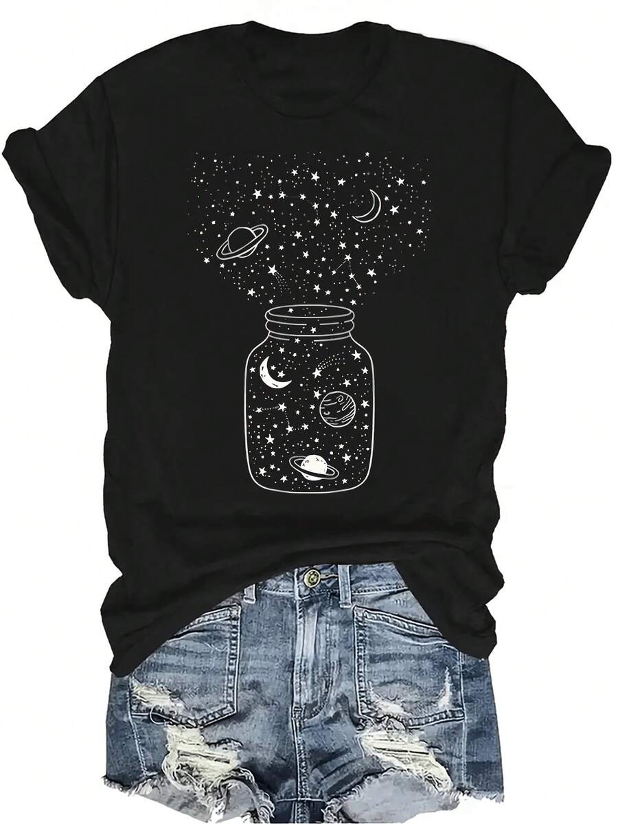 Camiseta con diseño de luna y planeta para mujer y unisex, de verano, casual, transpirable, de cuello redondo, de manga corta, de estilo callejero y versátil, adecuada para adolescentes y adultos - Negro - Ver 1