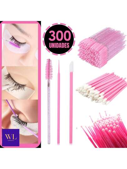 Kit 300 Peças – 100 Escovinhas+ 100 Microbrush + 100 Aplicadores de Batom/Gloss Descartáveis Para Alongamento de Cílios Fio a Fio/ Maquiagem e Uso Profissional