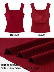 Women's Built-In Bra Tank Top Ribbed Slim Fit Wirefree Shelf Padded Tank Shirts Wide-Strap Square Neck Undershirt - Màu Đỏ Sâu - Xem 6