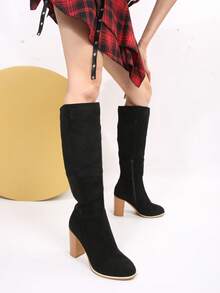 秋冬女式时尚搭扣侧拉链平底靴，搭配毛衣百搭，过膝长靴 - 黑色 - 查看 13