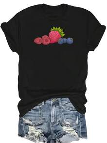 Camiseta de fresa y arándano para mujer y unisex, de verano, casual, transpirable, con personalidad, cuello redondo, manga corta, ropa de calle, versátil, adecuada para adolescentes y adultos - Negro - Ver 1