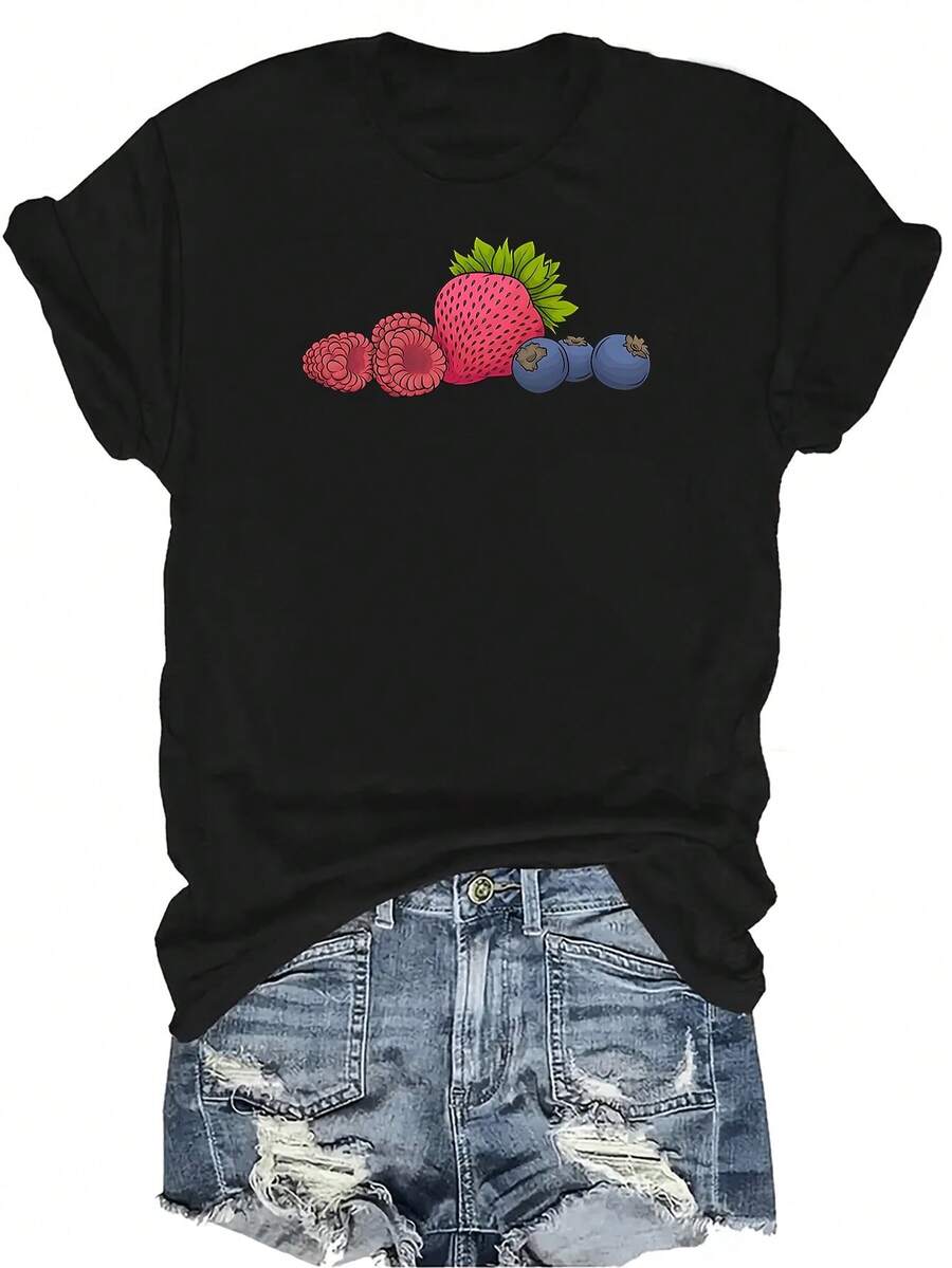 Camiseta de fresa y arándano para mujer y unisex, de verano, casual, transpirable, con personalidad, cuello redondo, manga corta, ropa de calle, versátil, adecuada para adolescentes y adultos - Negro - Ver 1